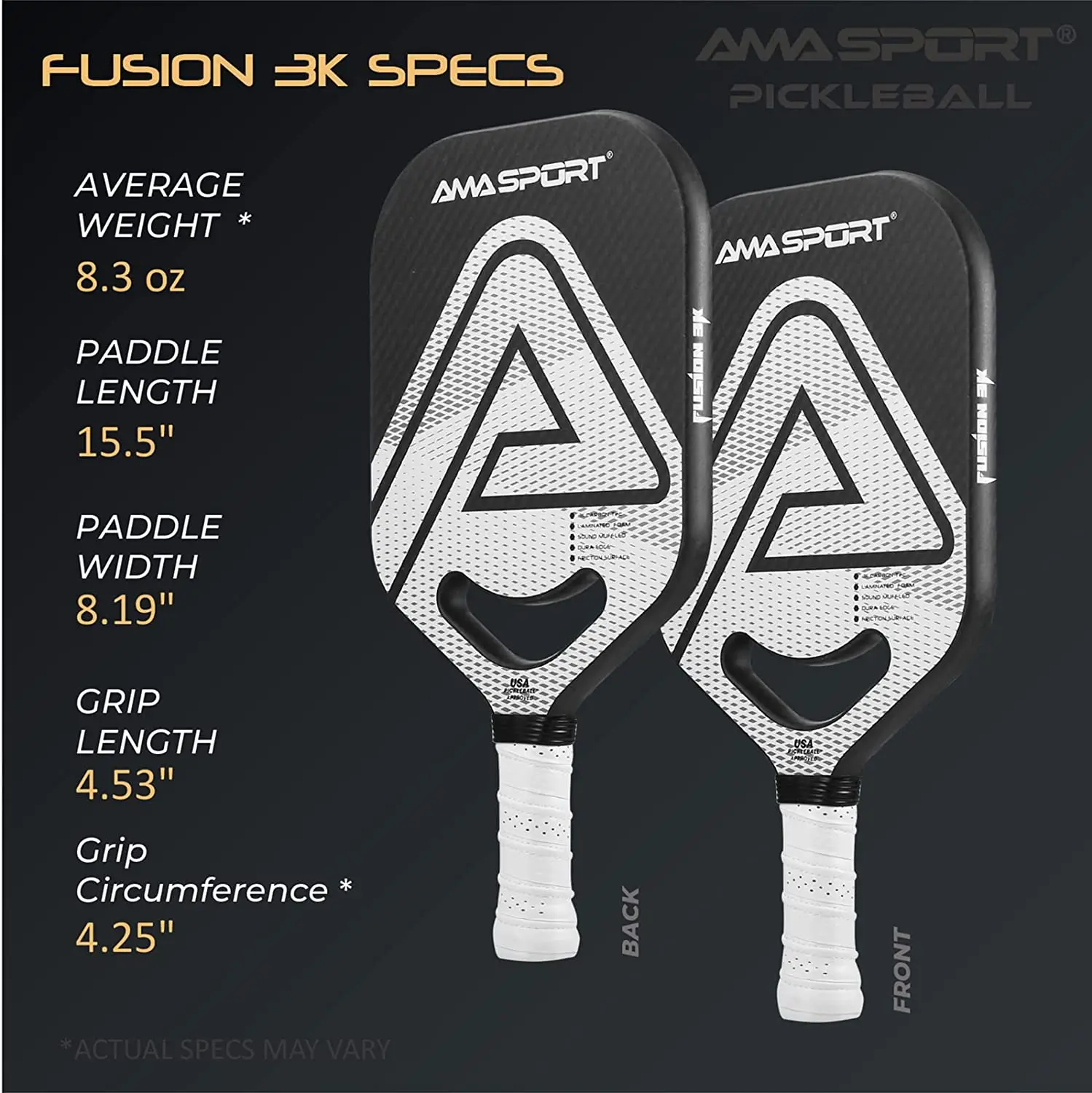 AMA SPORT USAPA ได้รับการอนุมัติ Pickleball Paddles แรงเสียดทานคาร์บอน/3K พื้นผิวคาร์บอน Polymer Honeycomb Core Professional พาเดล