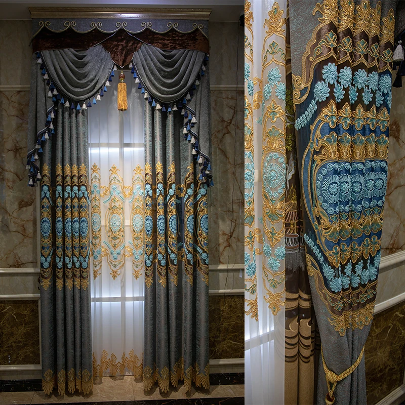 

Custom curtain Chenille cashmere embroidery living room luxury bay window blue cloth blackout curtain tulle valance drape C1508