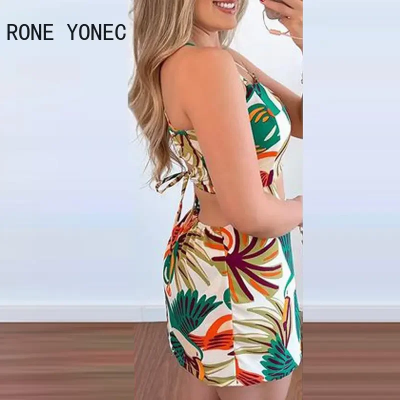 Women Elegant Sexy Spaghetti Straps Hollow Out All Over Print Lace Up Mini Sexy Dresses