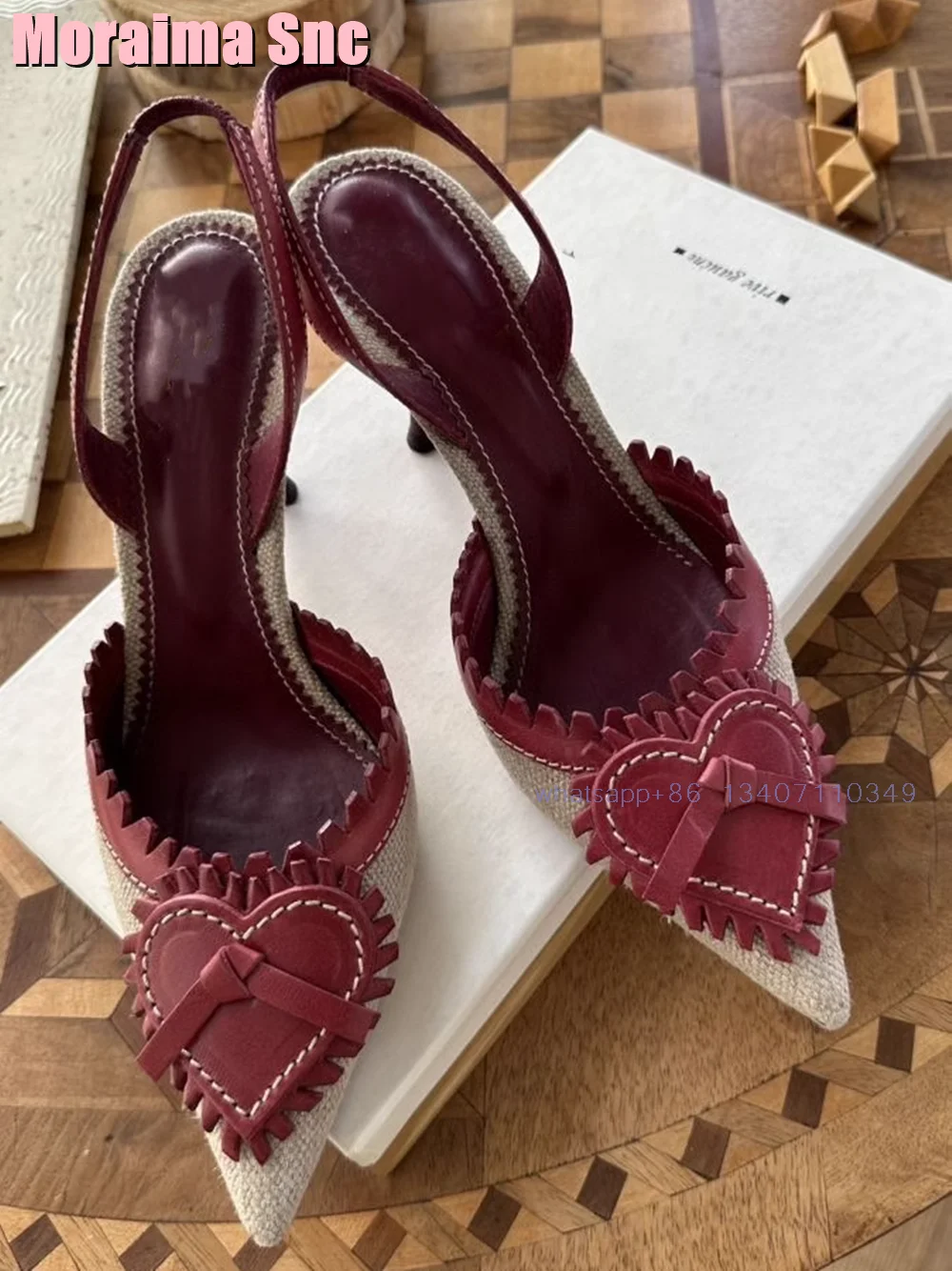 Szpiczaste Toe serce sandały z frędzlami Patchwork Slingback Slip On płytkie Vintage moda damska szpilki buty 2024 najnowszy