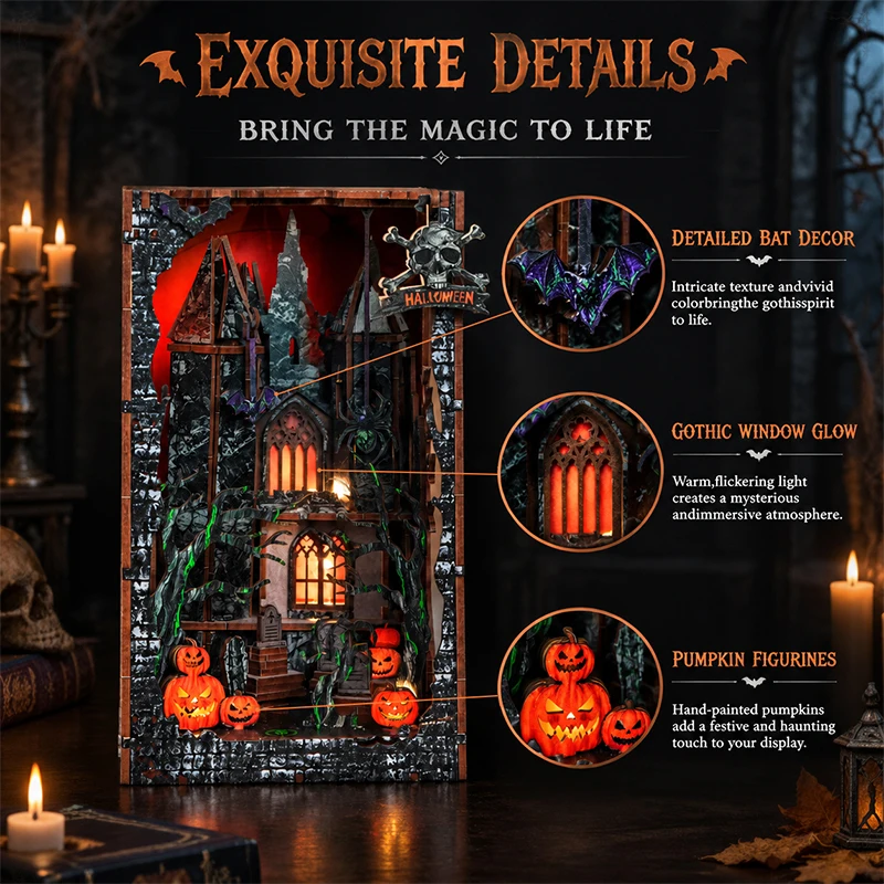 DIY Miniature House 3D Wood Puzzle Book Nook Wooden House Model with LED for Shelf Display Nightfall Haunted Castle