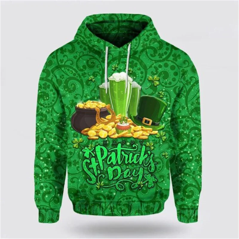 St. Patrick's Themed Green Hat Graphic Hoodie For Men Street Personality Skeleton Hooded Coat 2025 Festival Popular Hoodies