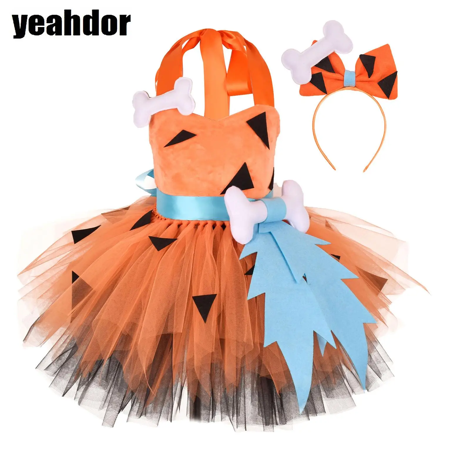 فستان رجل الكهف للهالوين للفتيات مع أغطية رأس بعقدة على شكل فيونكة فستان توتو من التول على شكل عظمة ثلاثية الأبعاد كرنفالات كوسبلاي رجل الكهف فتاة العصر الحجري #2