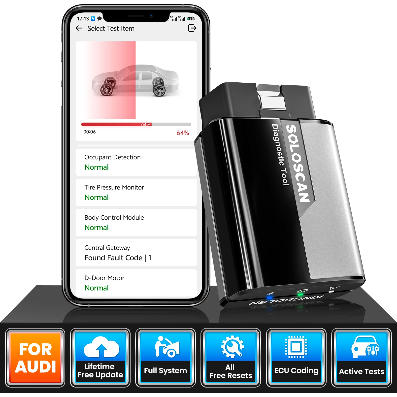[Für Audi] KINGBOLEN Soloscan mit Kabel, Allsystem-Diagnosegerät für Volkswagen und Bentley, lebenslanges kostenloses Update, Auto-OBD-Scanner für iOS und Android