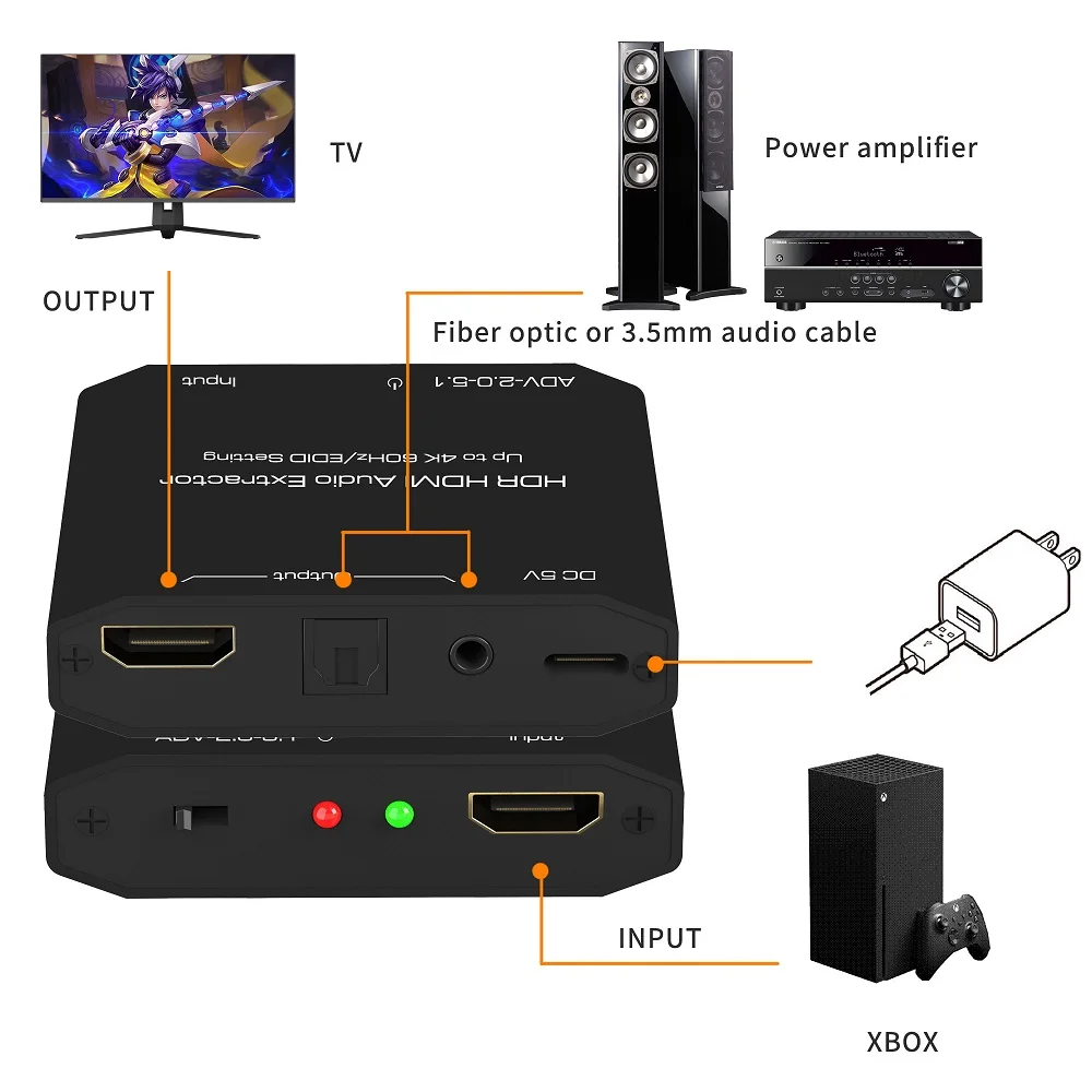 HDR HDMI Audio Extractor SPDIF 5.1 Converter 3.5mm 2CH Output 4K60Hz Dolby Vision Atmos EDID Set LPCM for Soundbar Amplifier TV