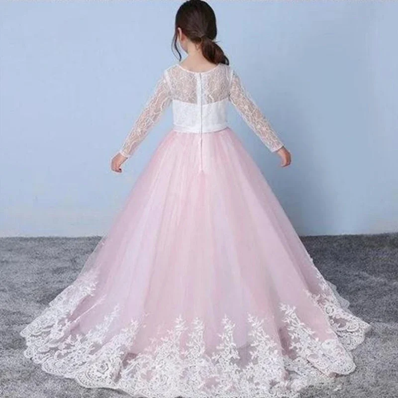 Pink Flower Girl Dress Lace manica lunga Jewel Hollow Applique per abito da spettacolo per ragazze della festa nuziale