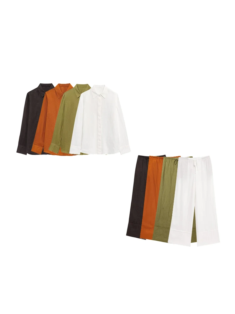 

GELITAYIN Women's Fashion Button-Up Linen Shirt Set Mid-Waist Drawstring Wide-Leg Trousers Two-Piece Sets Outfit Female Casual W