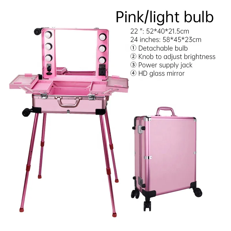 OBOX Professional Fireproof Board Makeup Case Durable Open Closure Fashion Style With Six Bulbs For Studio Weddings