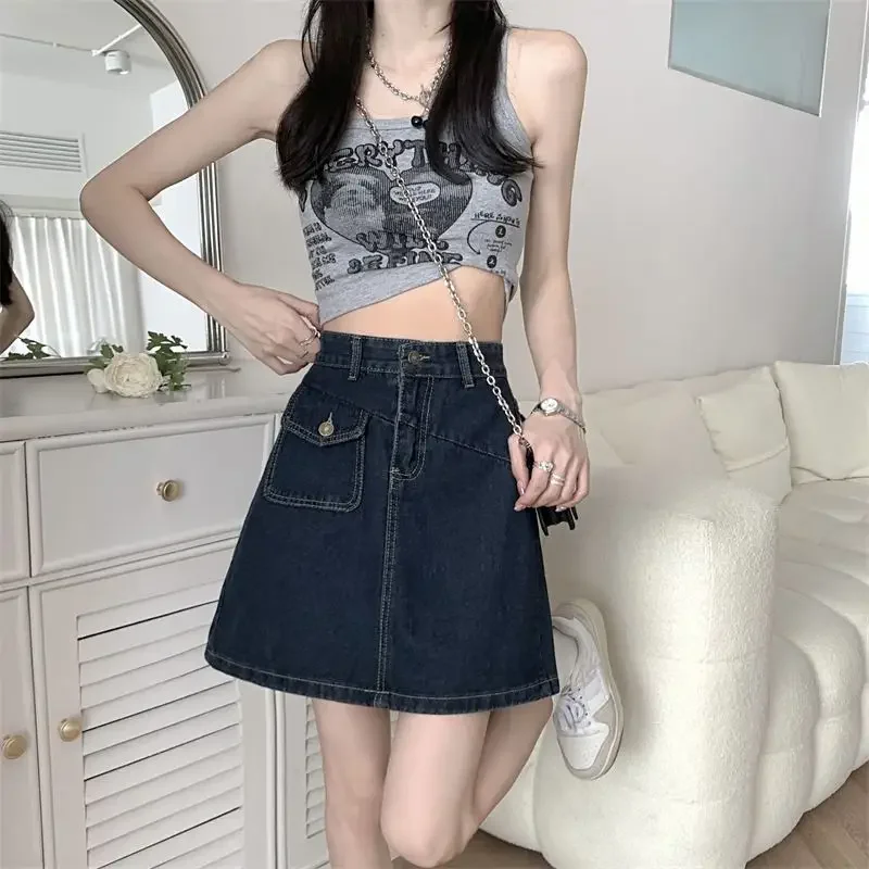 

Trend 2025 New In Summer With Pocket High Waist Jeans Skirts for Women Aesthetic Clothing Y2k Vintage Modest Woman Denim Skirt
