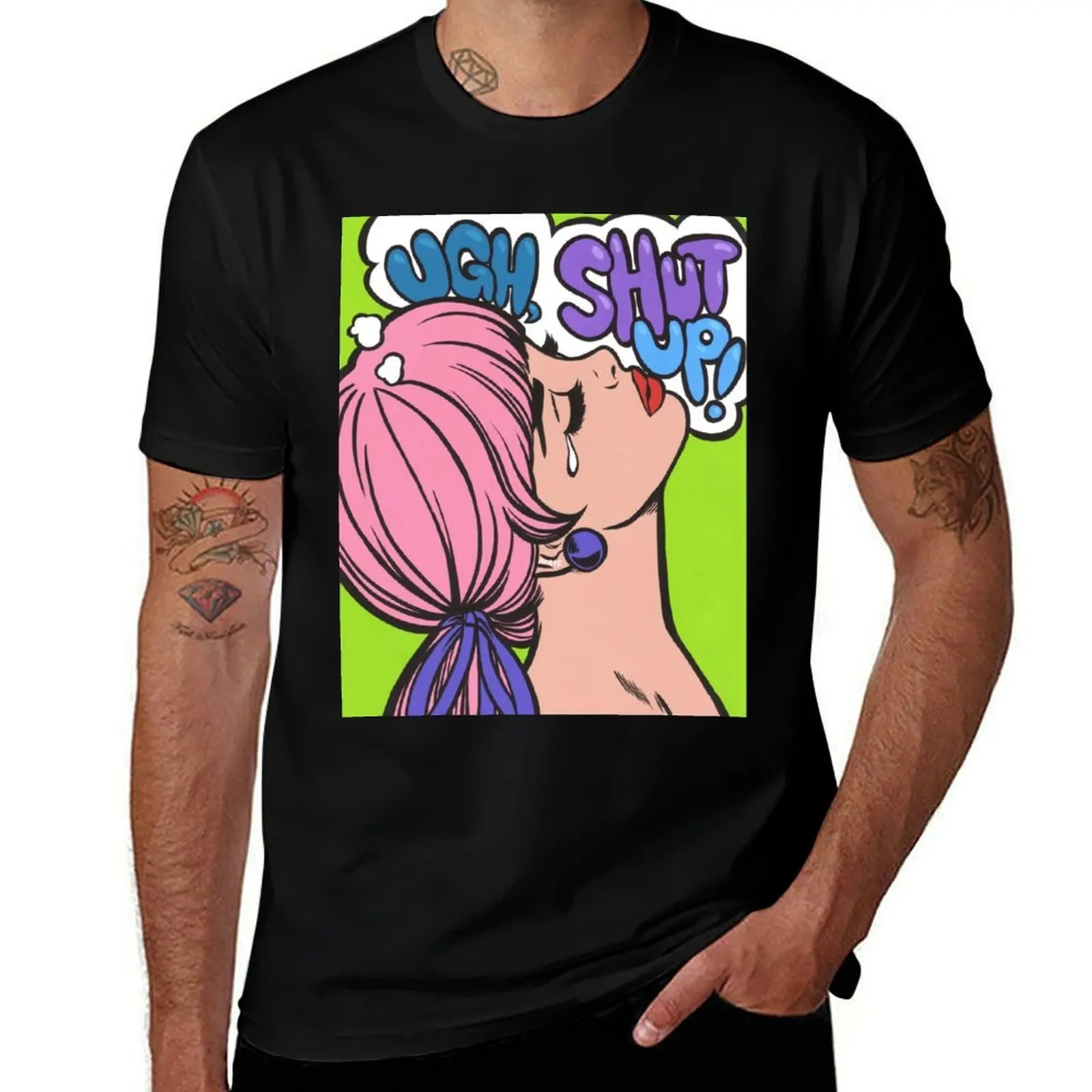 Ugh, Shut Up! Crying Comic Girl T-Shirt Basic Solid Color Short Sleeve Cotton Top T-Shirt