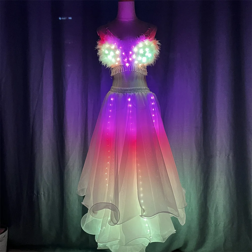 

Full Color Sound Control RGB Led Feather Bra Ballet Skirt Stage Dance Performance Led Costumes Dresses For Bar DJ Singer