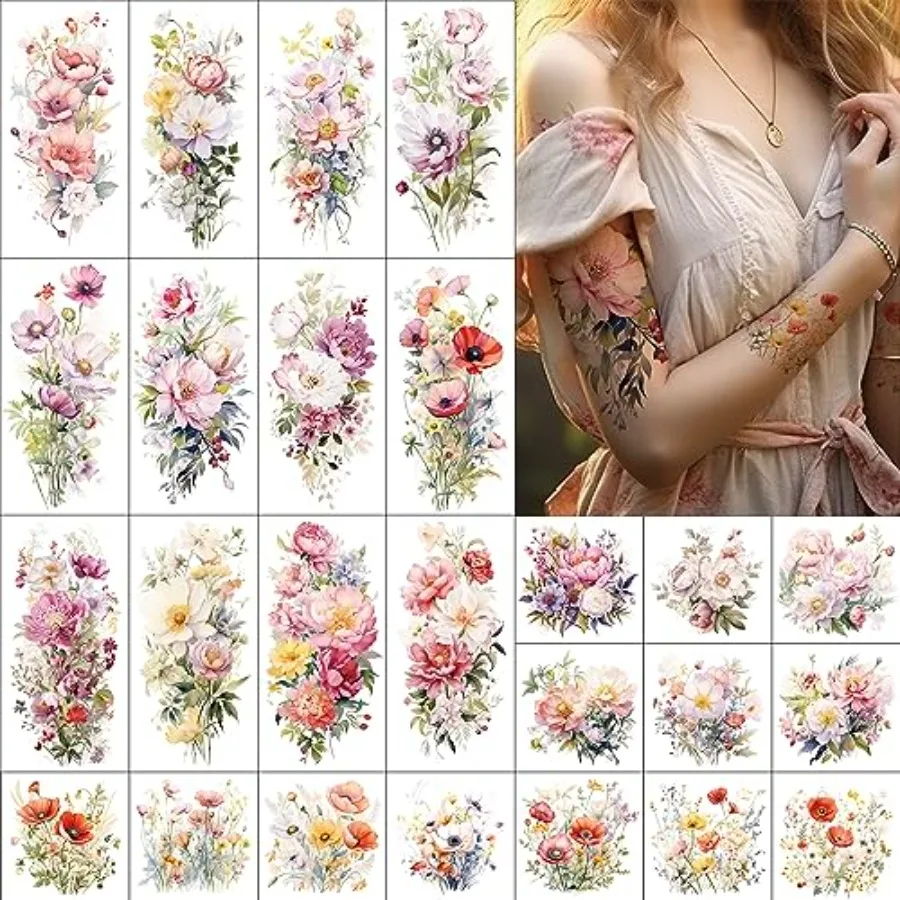 

Flower Temporary Tattoo Sleeve Sheets Kit, 12 Large Watercolor Floral Tattoo Stickers, 13 Small Fake Flower Tattoo Designs for