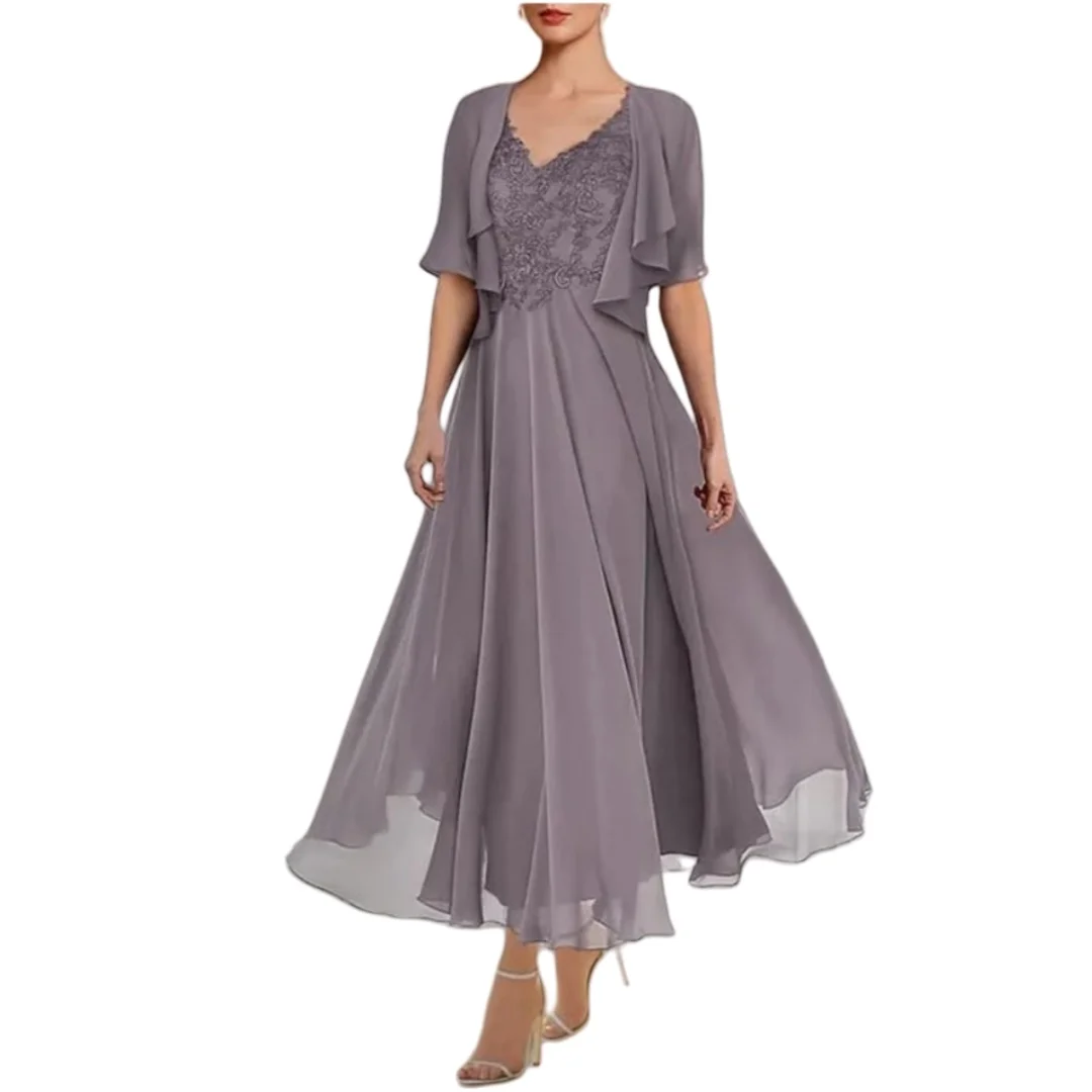 

Chiffon 2 Piece Tea Length Mother of The Bride Dresses with Jacket Short Sleeves Lace Formal Evening Gown with Pockets