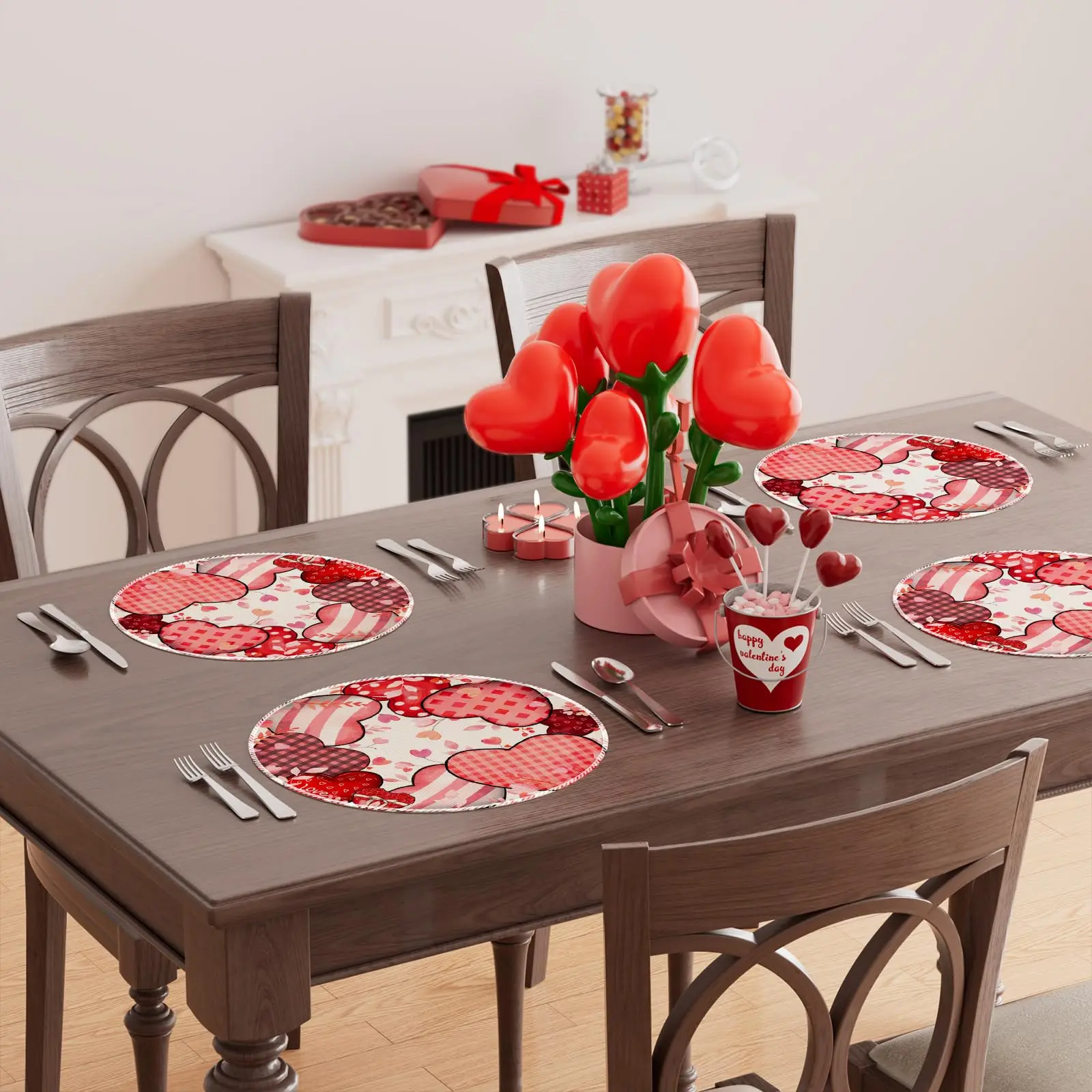 VIKAMA 4/6/8/10 Alfombra romántica para comida en forma de corazón para el Día de San Valentín, decoración de mesa de ambiente impermeable y fácil de limpiar