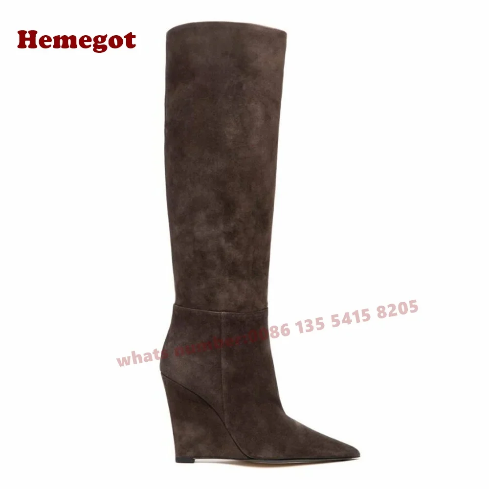 Brown Suede Wedges Knee High Boots 2025 New Pointy Toe High Heels Slip On Women\'s Long Boots Solid Casual Warm Shoes Luxury Sexy