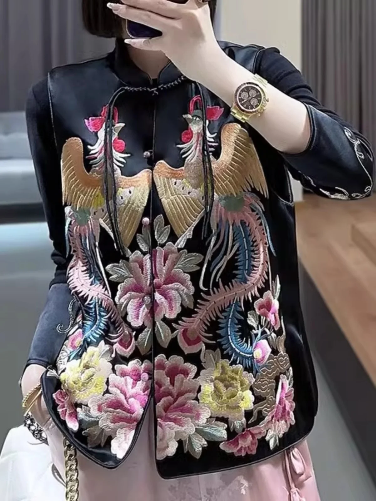 

Women's Embroidered Manin Collar Jaet Vest Heavy Embroidery Phoenix Wearing Peony New Chinese Sle Autumn Winter Clothes