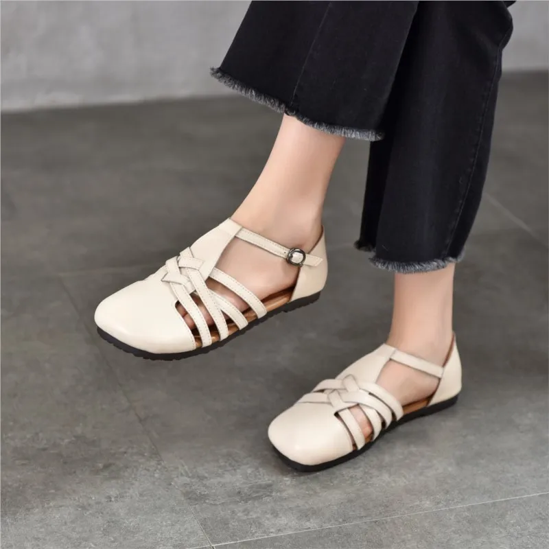 2026 Summer New Genuine Leather Hollow-out Round Toe Flat Sandals Breathable Soft Soled Versatile Women's Shoe