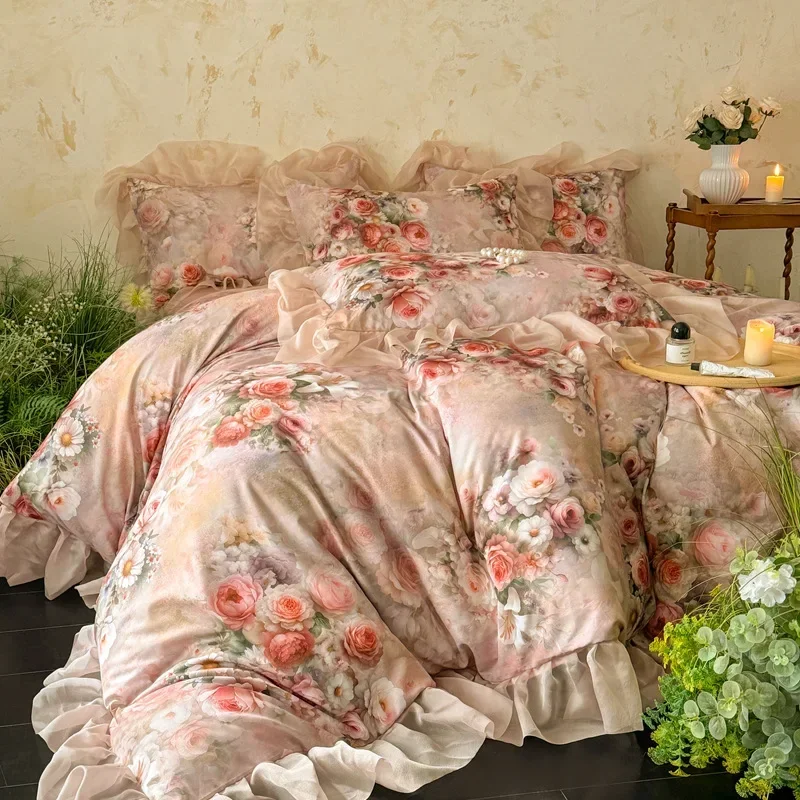 Princess Style French Lace Edging Bedding Sets Wrinkled Yarn Romantic Floral Duvet Cover Set Smooth Breathable Bedclothes