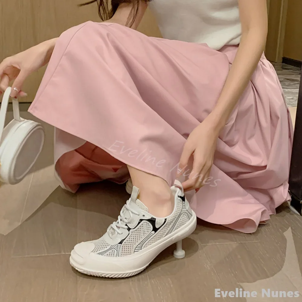 Air Mesh Lace Up Thin Heels Sneakers Women Mixed Color Patchwork Round Toe Slip On Casual Sneakers New Fashion Catwalk Slippers
