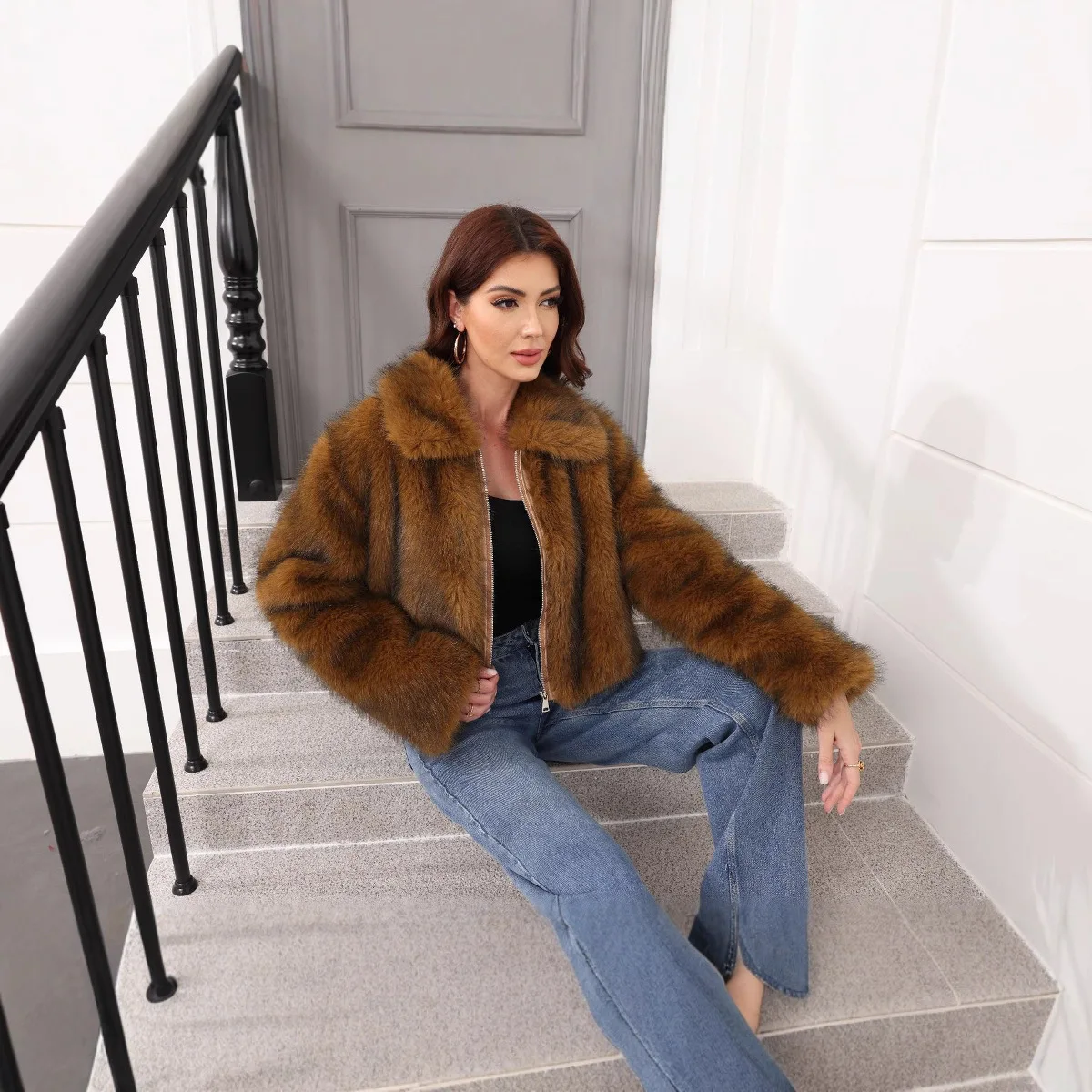 

European American Fashion Women's Solid Color Elegant Casual Trendy Turn-down Collar Long Sleeve Faux Fur Coats Female Clothes