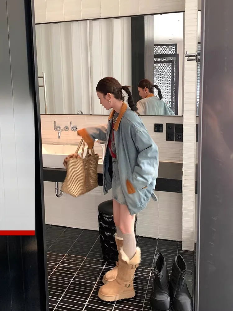 

DULA Good Home American Sle Parka Cotton Jaet Women's Winter Fce High Waist Denim ort Skirt Set Thiened Long Sve