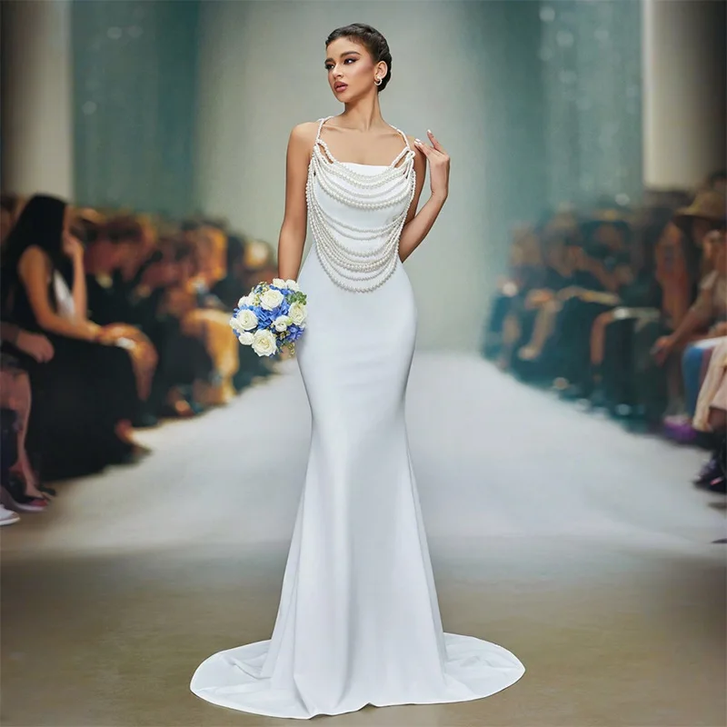 Luxury Pearl Beaded Mermaid Wedding Dress New Pearls Tassel Satin Spaghetti Strap Backless Floor Length Bridal Evening Gown