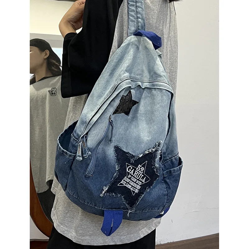 New Korean Y2k Denim Star Backpack for Women Travel Bag for High School Students Double Shoulder Bag Vintage Schoolbag