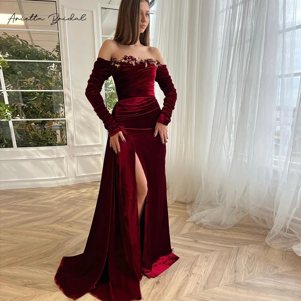 

Arietta Burgundy Velvet Mermaid Evening Dresses Off the Shoulder Long Sleeves High Slit Velour Fitted Formal Party Gowns