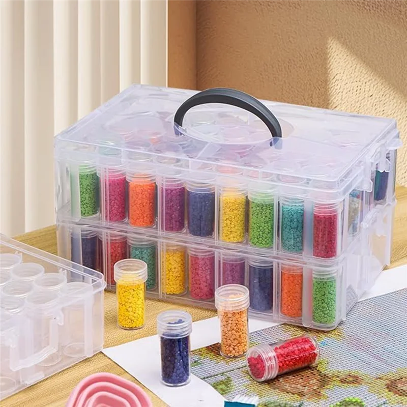 

ABKU-Diamond-Painting Storage Container, 3-Tier Stackable Bead Organizer With Carrying Handle, Craft Storage Box