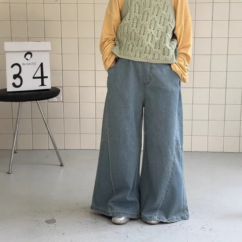 

Children Clothes Kids Casual Denim Pants 2025 Spring Girl Baby Korean Style Patchwork Wide-leg Jeans Casual Loose Bell Bottoms