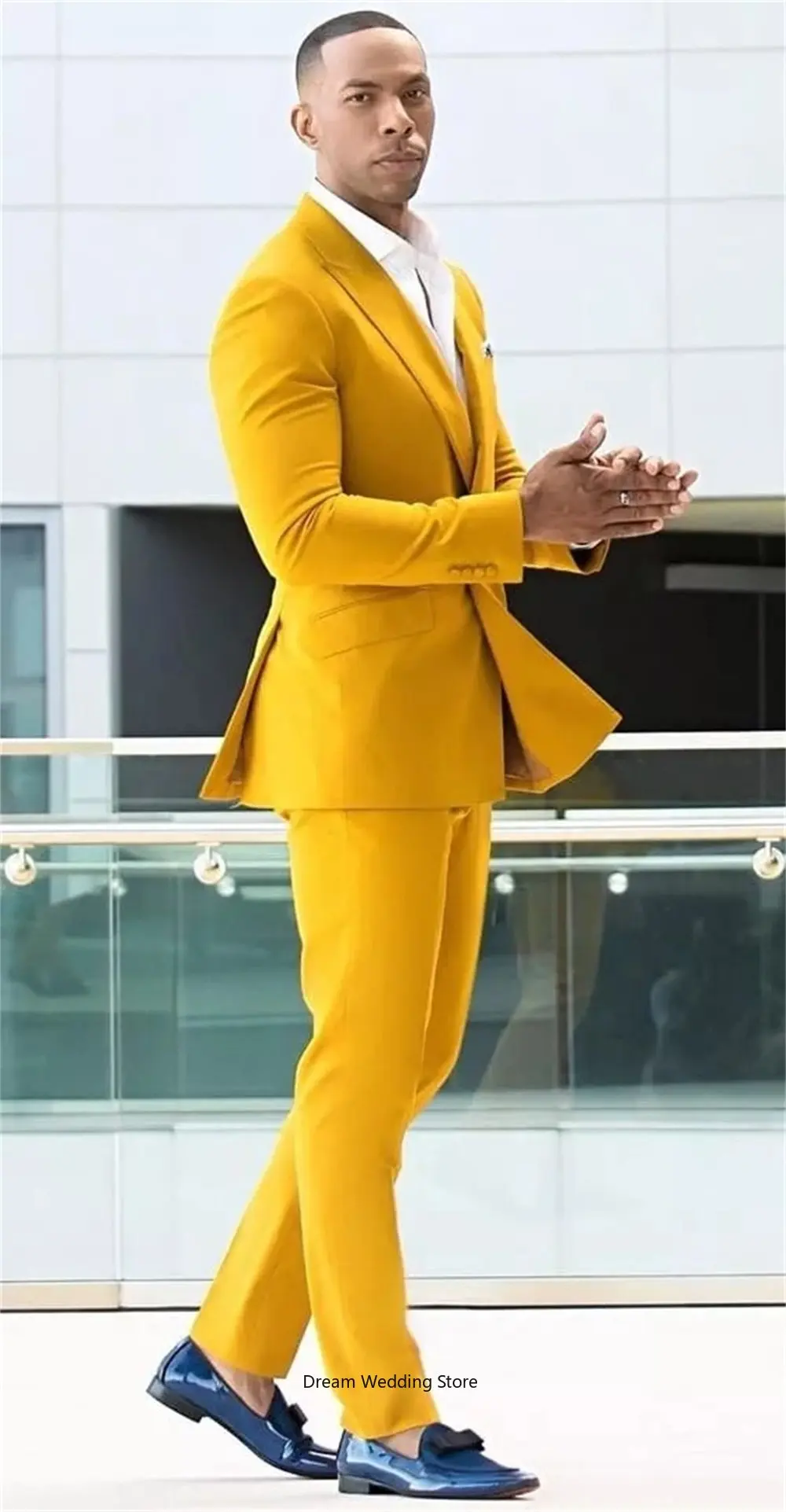 Yellow Soild Mens Suit Blazer+Pants One Button Elegant Slim Fit Groom Wedding Prom Party Dinner Tuxedos Custom Made 2 Pieces