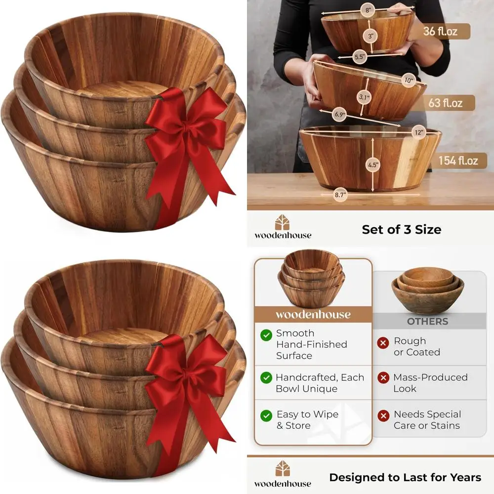 

Handcrafted Wooden Salad Bowl Trio - Round, Large Serving Set, Durable Natural Wood, Stylish Dining Accessory