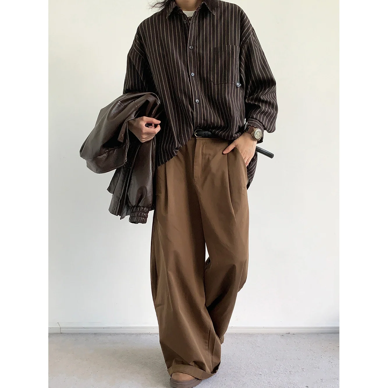 Jiwuus Vintage Striped Long Sleeve Shirt Unisex Loose Fit Casual Top for Men And Women Spring Autumn Japanese Style