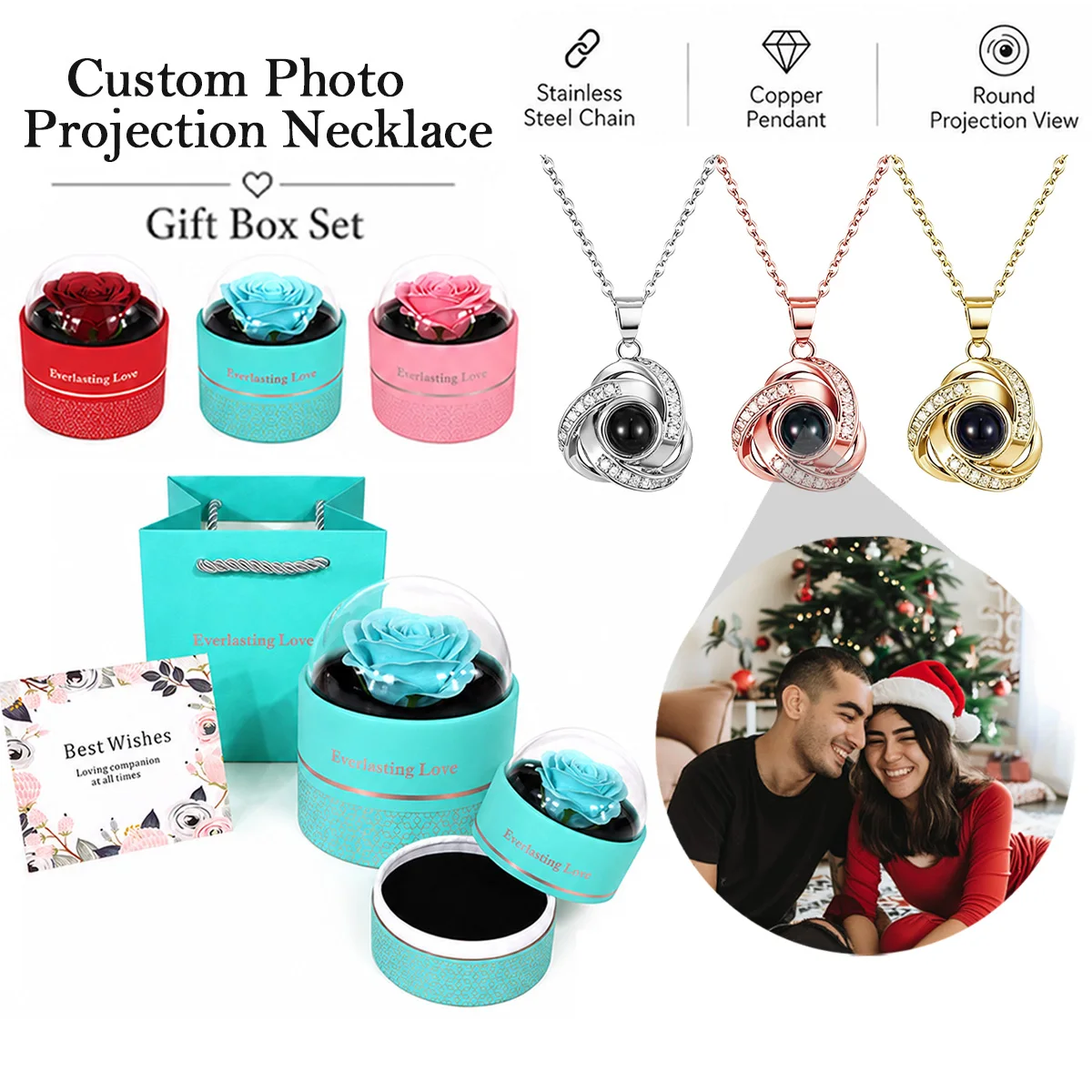Custom Photo Projection Geometry Necklace Rose Gift Box Set Stainless Steel Chain Valentine's Mother's Day Anniversary For Women