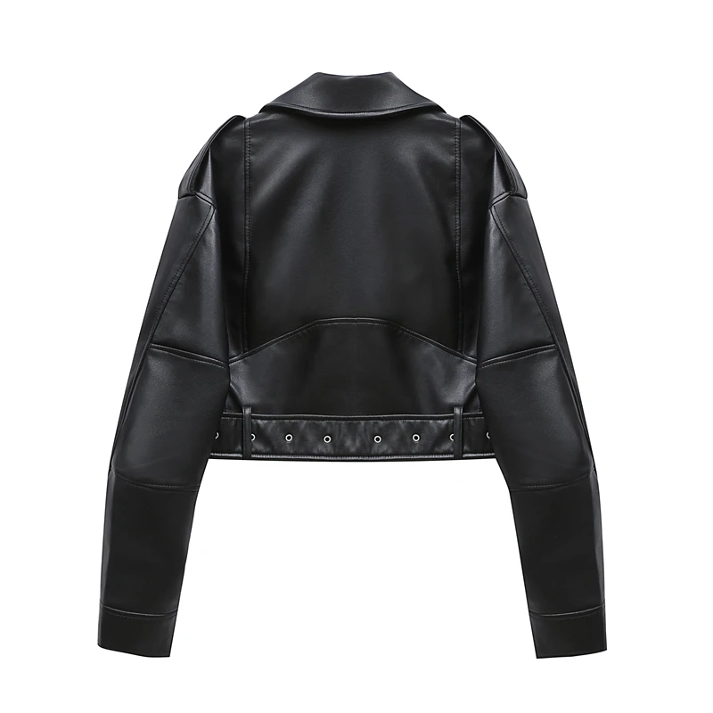 ZVRI blacK Women Vintage Loose Pu Faux Leather Short Jacket with Belt Streetwear Female Zipper Retro Moto Biker Coat Outwear