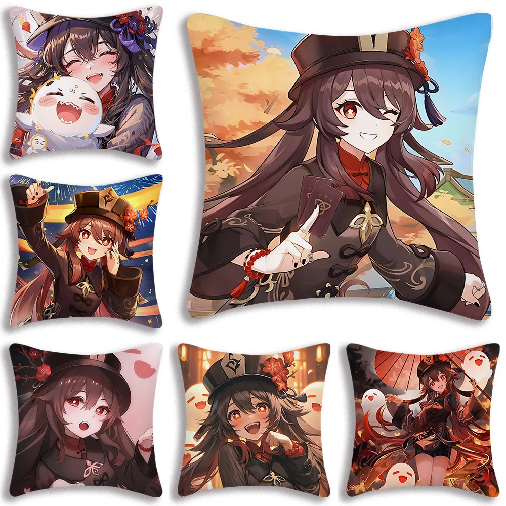 

Genshin Impact Hu Tao Pillow Covers Cartoon Sofa Decorative Home Double-sided Printing Short Plush Cute Cushion Cover