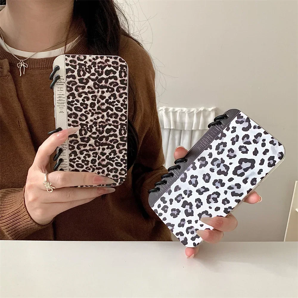 Cute Leopard Pattern Spiral Notebook Style Flip Phone Case for iPhone 16 Pro Max 15 14 13 Crad Slot Holder Stand Leather Cover