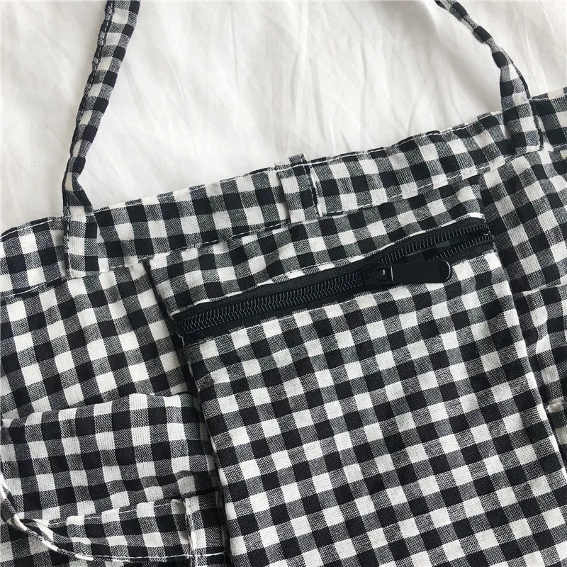 Canvas Bag Woman Casual Plaid Women Shopping Bag Large Capacity Cute Tote Handbags Cloth Double-sided Girls Frenum Shoulder Bags