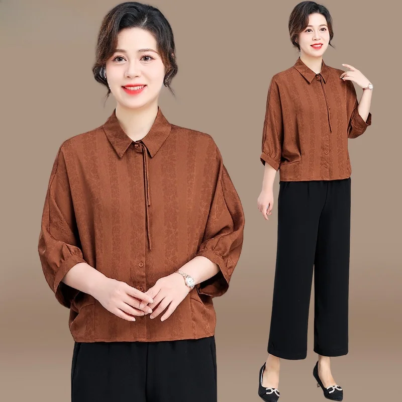 

Mum's Summer Faion Xiangyun Silk irt Traditional Chinese Sle Svel Top for Middle-Aged And ly Women