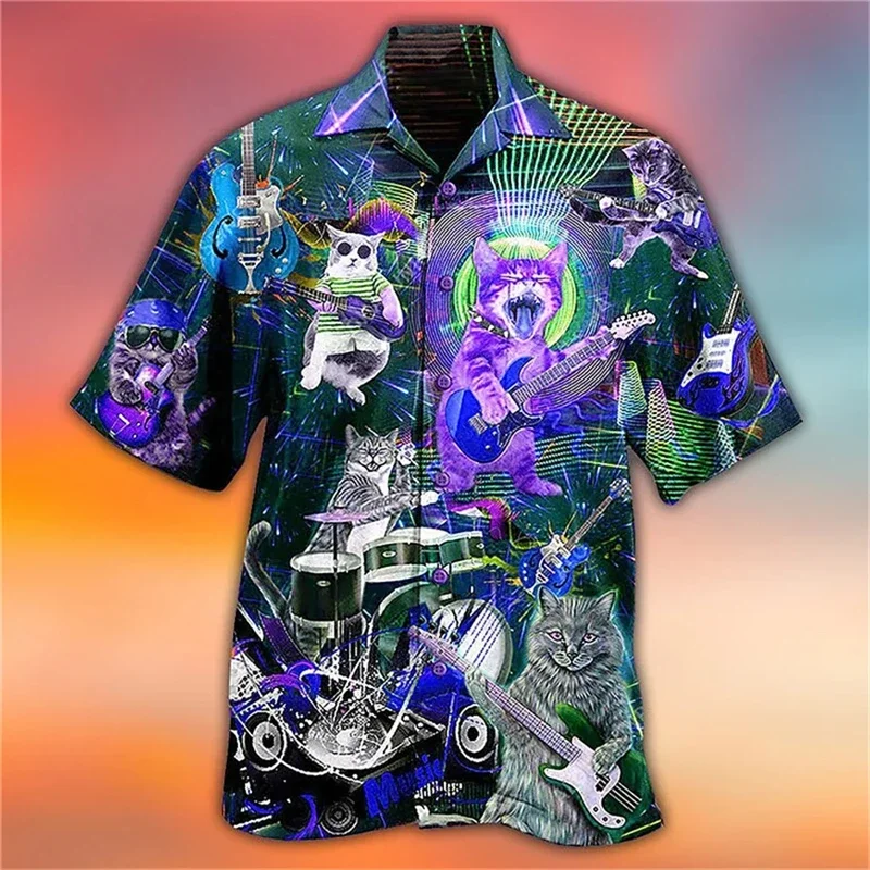 Funny Hawaiian Shirt For Men 3d Music Cat Print Beach Sweatshirt Street Designer Short Sleeved Shirt High Quality Men\'s Clothing