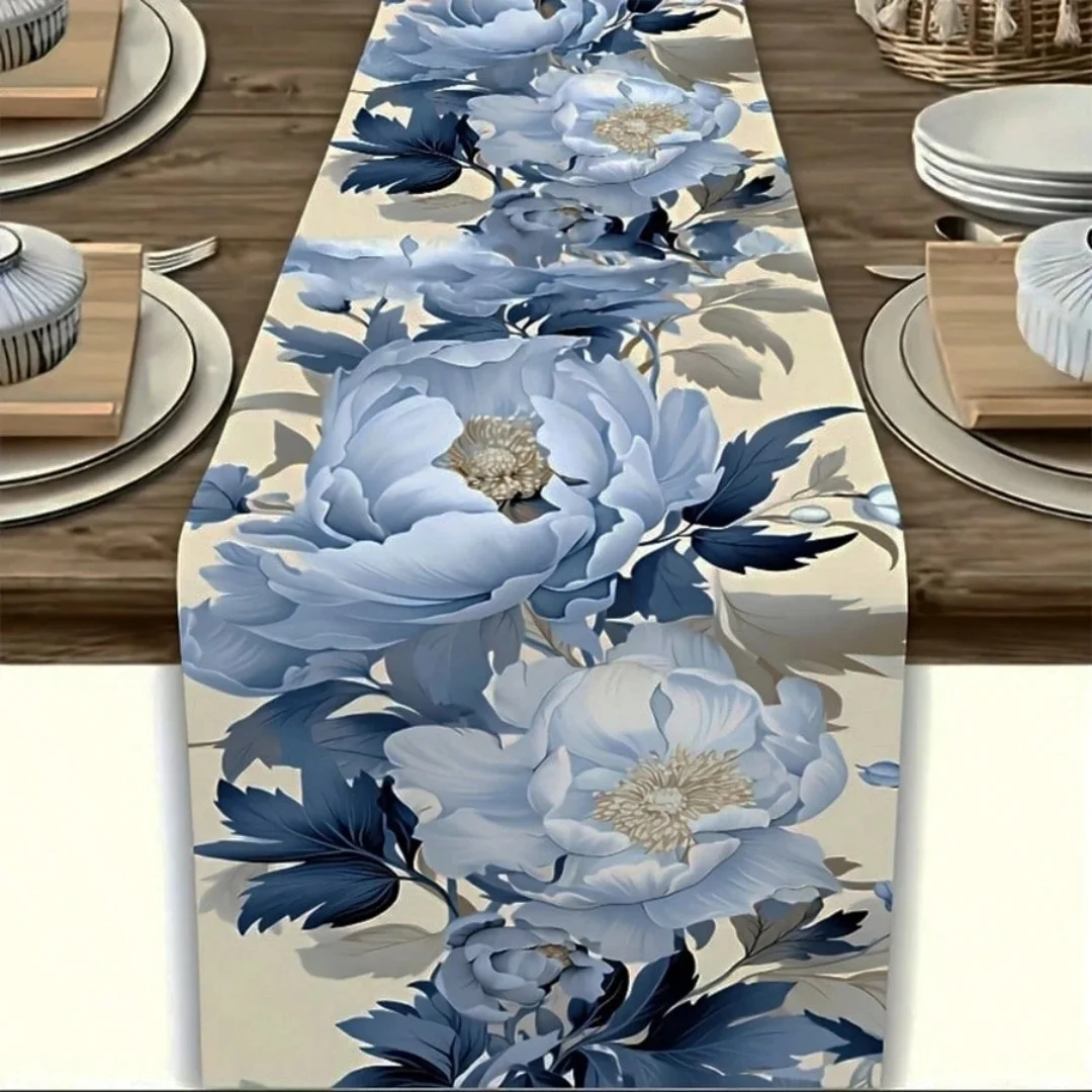 1 Stück eleganter blauer Blumen-Tischläufer – Kommode mit Schminktisch-Design, für Esszimmerpartys, Hochzeiten und Feiertagsdekorationen