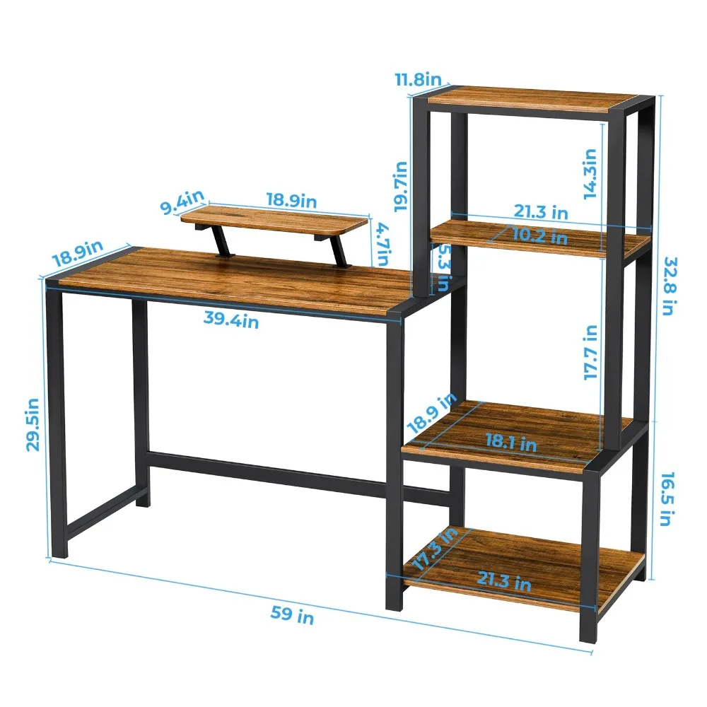 Mesa do computador com prateleira de armazenamento, mesa reversível, 59 pol, Novo, 2024