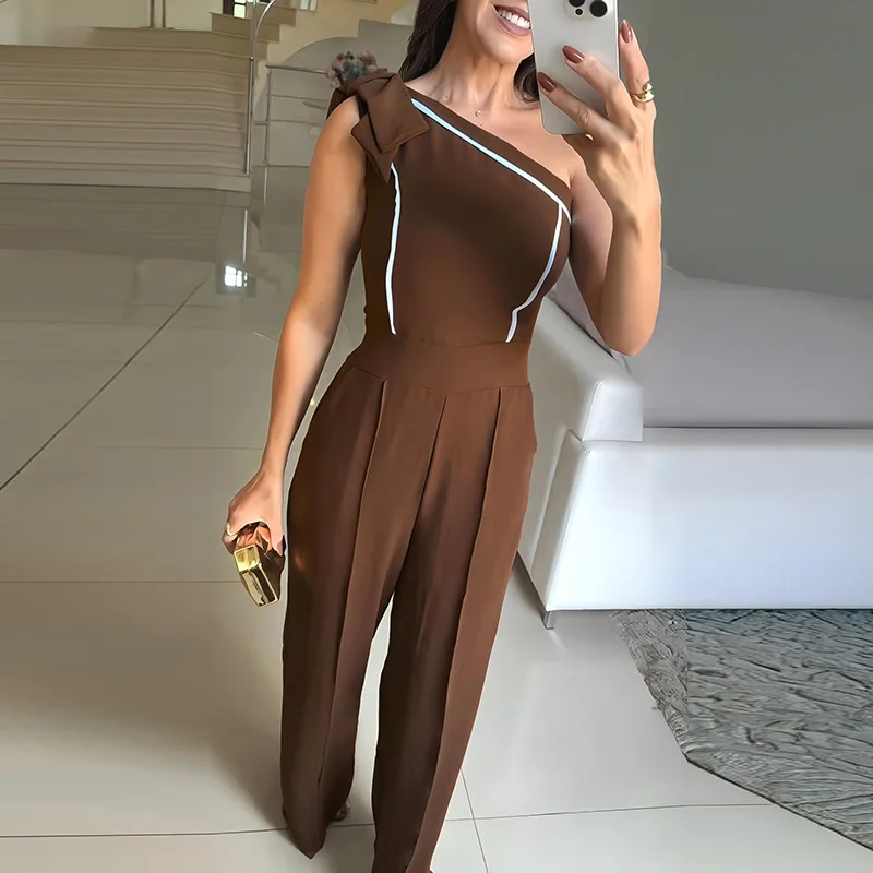 Women Sexy Skew Collar Backless Playsuits Spring Summer One-shoulder Bowknot Jumpsuits Elegant Contrast High Waist Slim Overalls