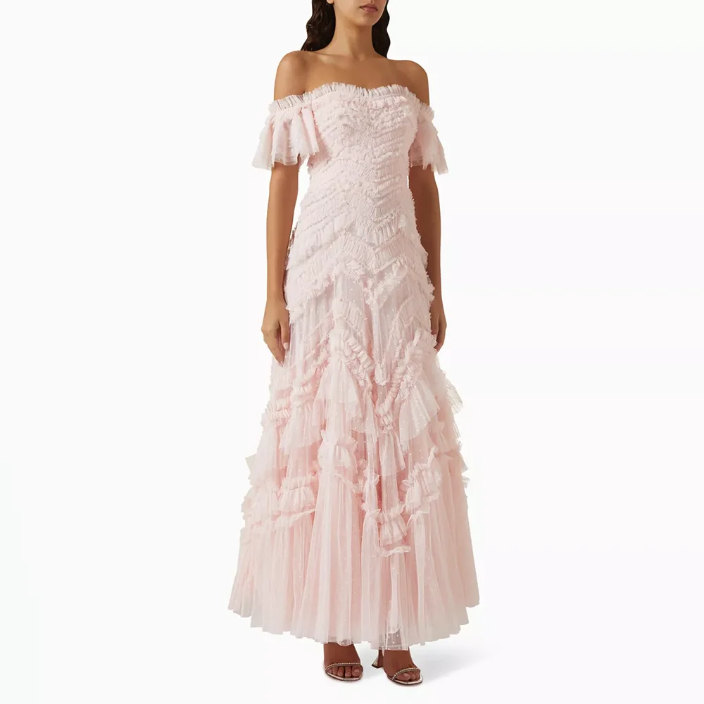 

Розовое вечернее платье с открытыми плечами, тюлевое плиссированное вечернее платье трапециевидной формы для женщин, 2025, платье до щиколотки для свадебной вечеринки по индивидуальному заказу