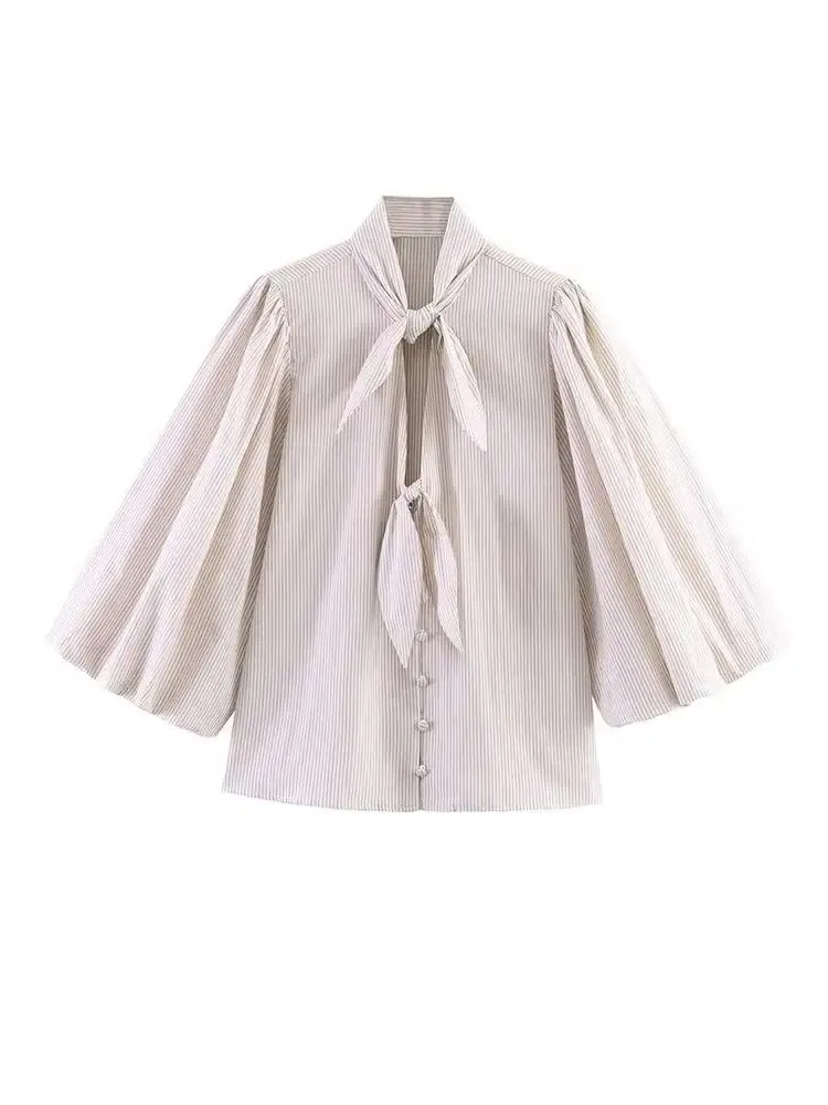 

Женская элегантная весенняя блузка HH с полосками, бантом и пышными рукавами, повседневная свободная универсальная блузка на одной пуговице