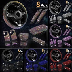 8Pcs Bling Car Steering Wheel Cover Auto Shift Handbrake Cover Seat Belt Armrest Shoulder Pad Hook Decor Car Accessories Set