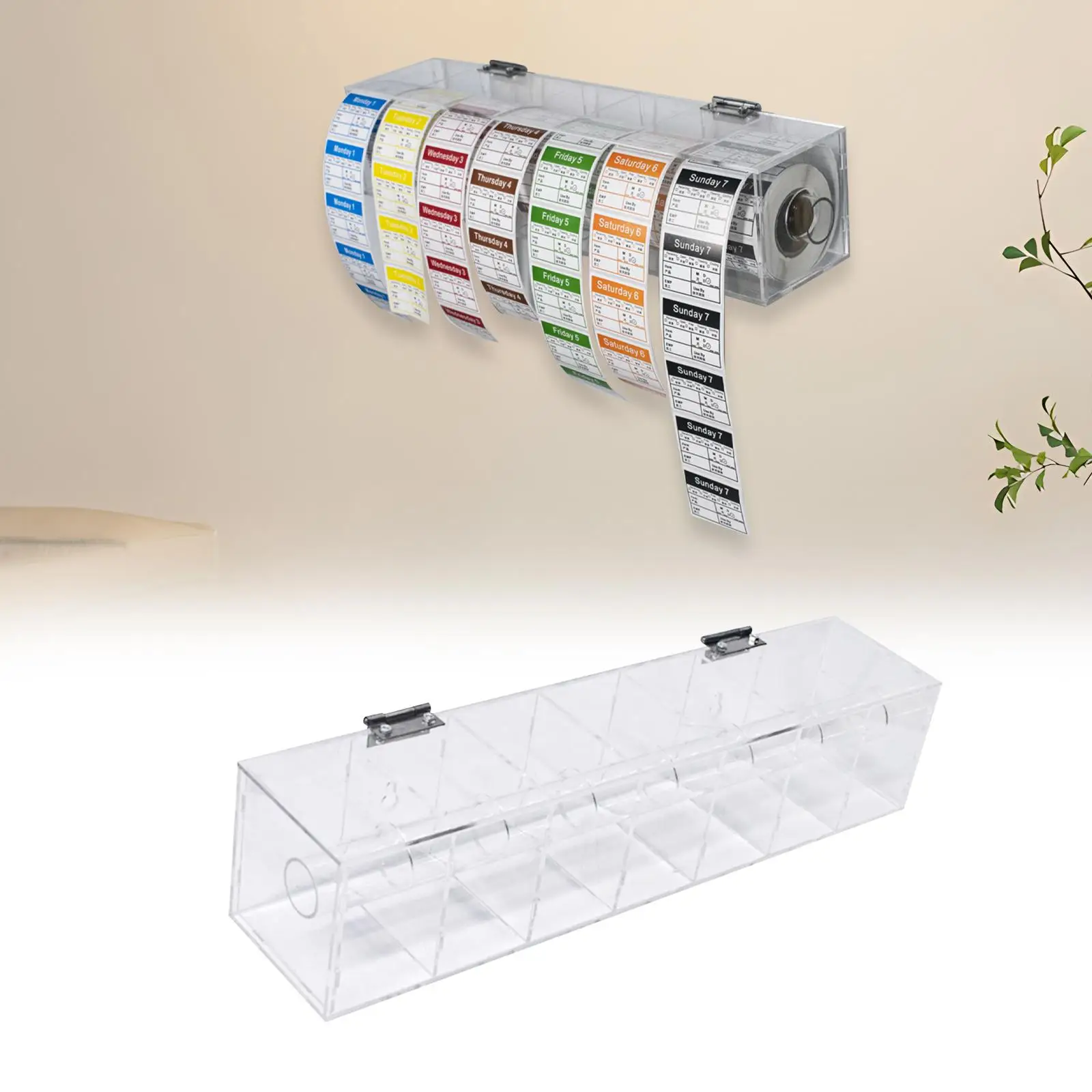 

Acrylic Label Dispenser Acylic 7 Slot Multi Use Day of The Week Clear Label Roll Holder for Home Wall School Office Restaurant