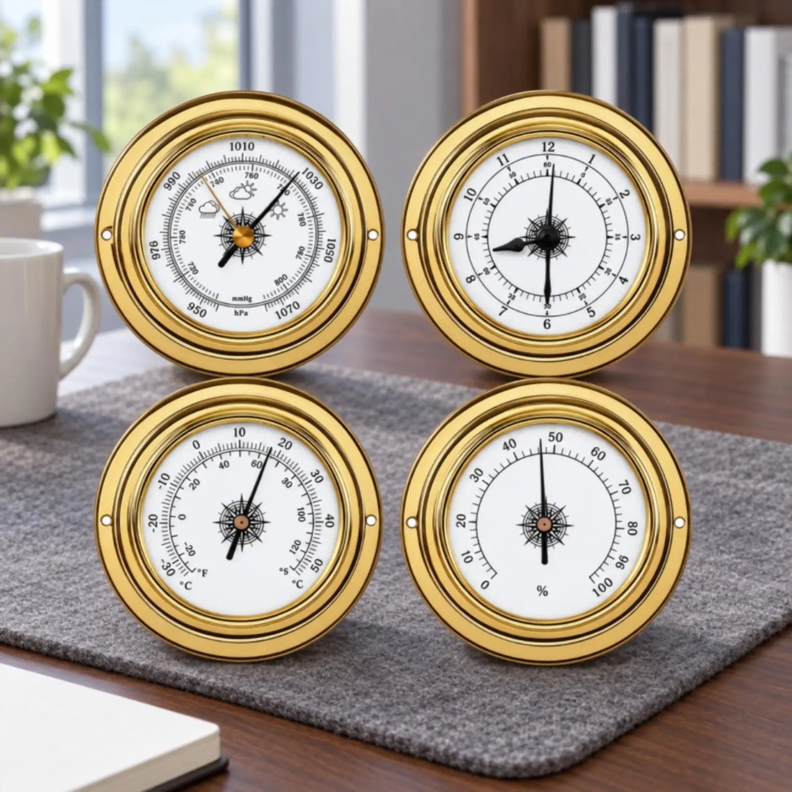 Metal Barometer Clock Set 4 Piece Analog Weather Station Thermometer Hygrometer Gauge for Home Office Wall Decor