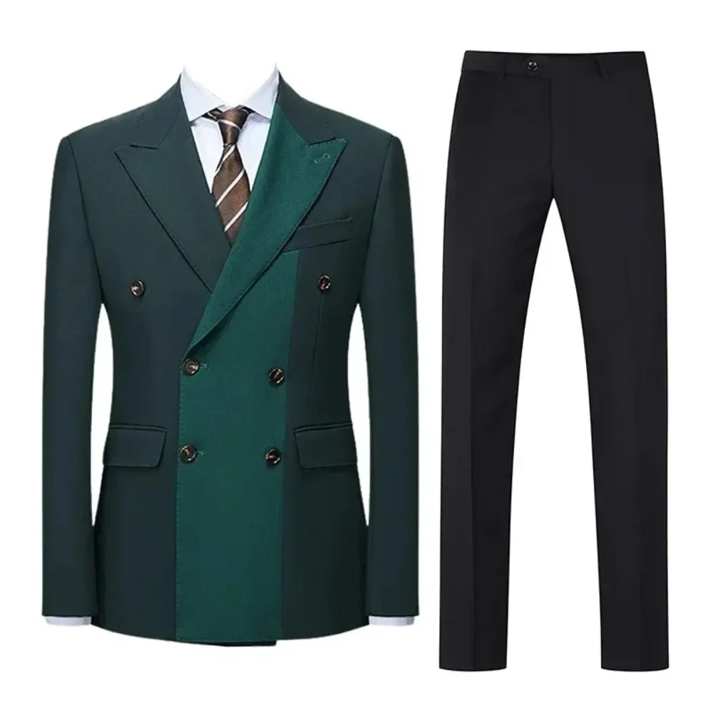Patchwork Men's Suits Double Breasted Peaked Lapel Wedding Tuxedo 2 Pieces Casual Daily Prom Business Suit Slim Fit Jacket Pants
