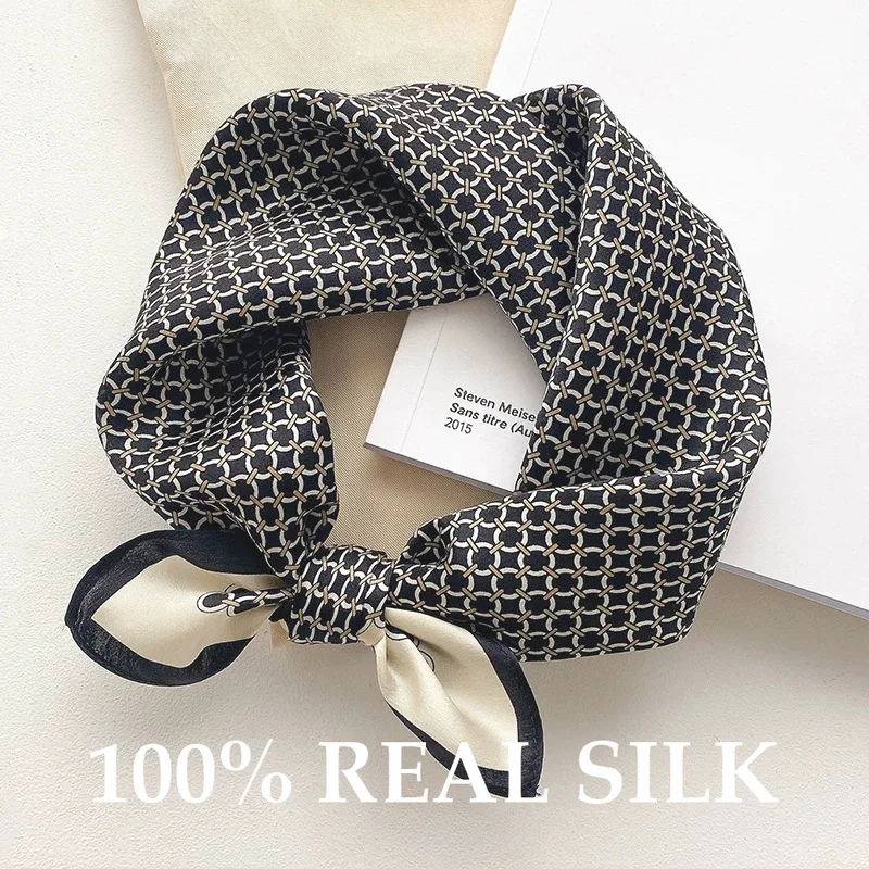 

New 100% Real Silk Scarf Spring Summer Geometric Retro Fashion Square Scarves Women Mulberry French Hair Band Hairband Pashimina